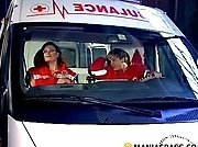 Bigtitted nurse and her horny colleague rip off their red uniforms and fuck right in the ambulance on a night shift