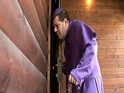 Sinful priest satisfies his kinky voyeur desires by spying on a horny couple having sex on a king-size bed