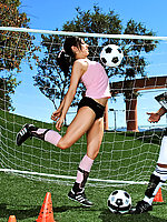 Hot brunette practices her soccer moves before fucking a cock on the field
