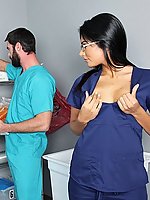 Sexy nurse in black nylons seduce doctor
