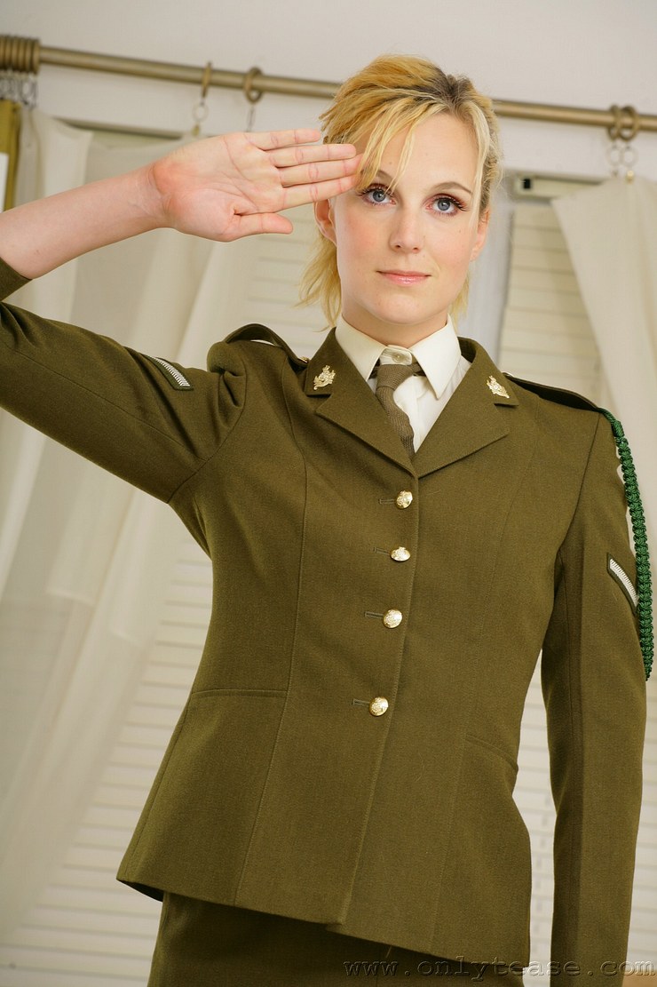 UK army uniform girl in sexy nylons and stilettos