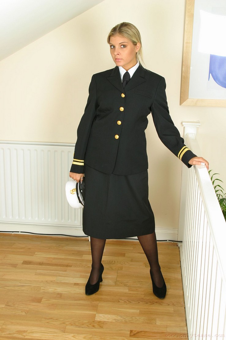 Slutty army uniform whore in nylons and platforms