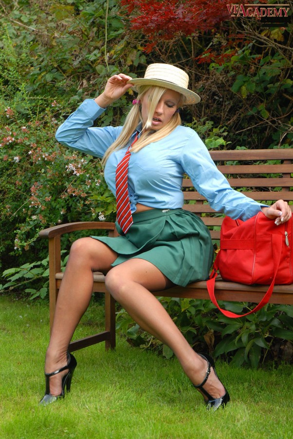 British college uniform in retro nylons and heels